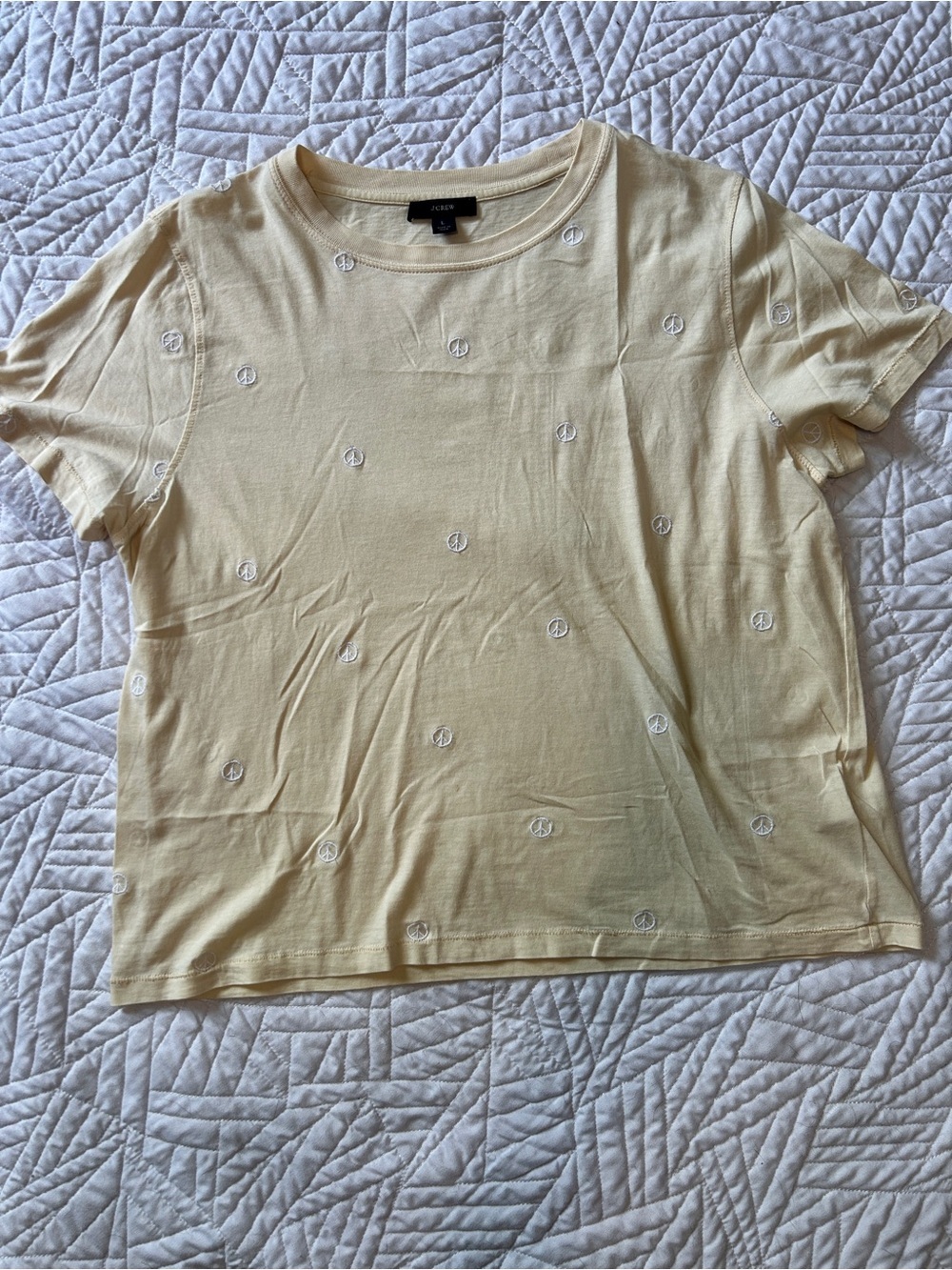 J. Crew Pale Yellow Short Sleeve Tee with Embroidered Peace Signs